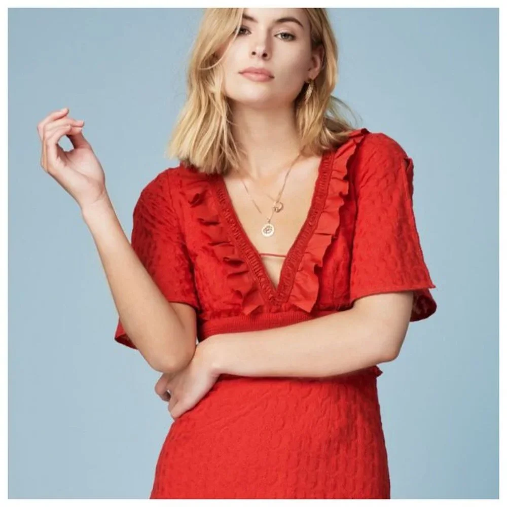 FINDERS KEEPERS Red Memento Ruffle Midi Dress with V Neck, size Small - Picture 11 of 11